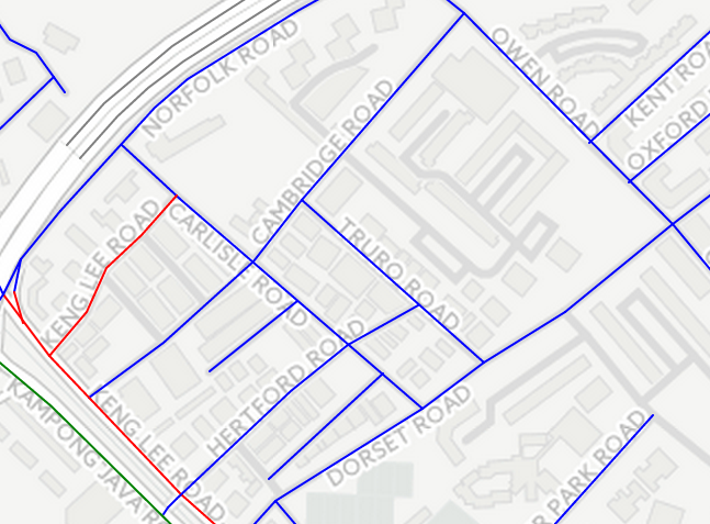 Cluster of British roadnames near Cambridge Road, Singapore, colour-coded by linguistic origin